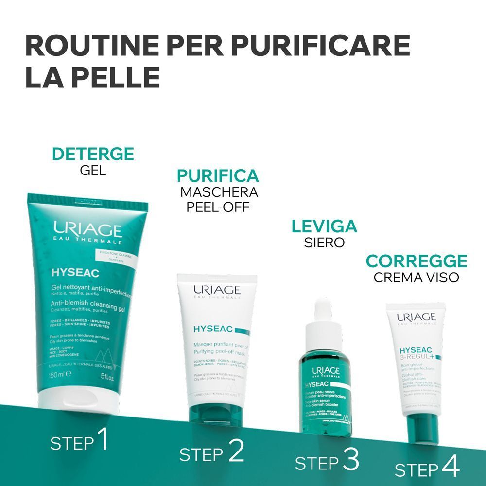 Routine di cura Uriage Hyseac: Detergere, Maschera, Siero, Crema viso.