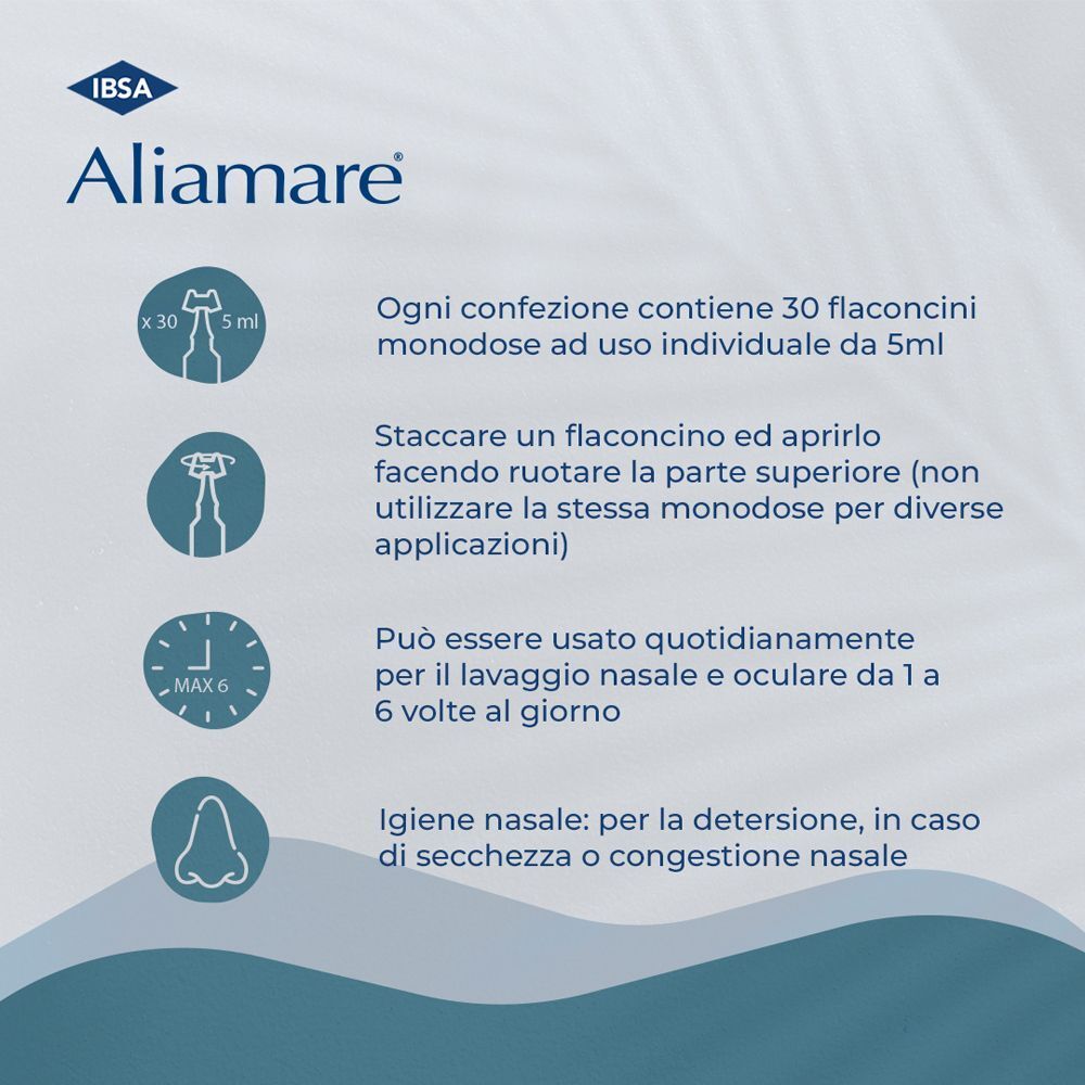 Aliamare Flaconcini: 30 flaconcini monodose da 5 ml per igiene nasale, oculare e aerosolterapia.