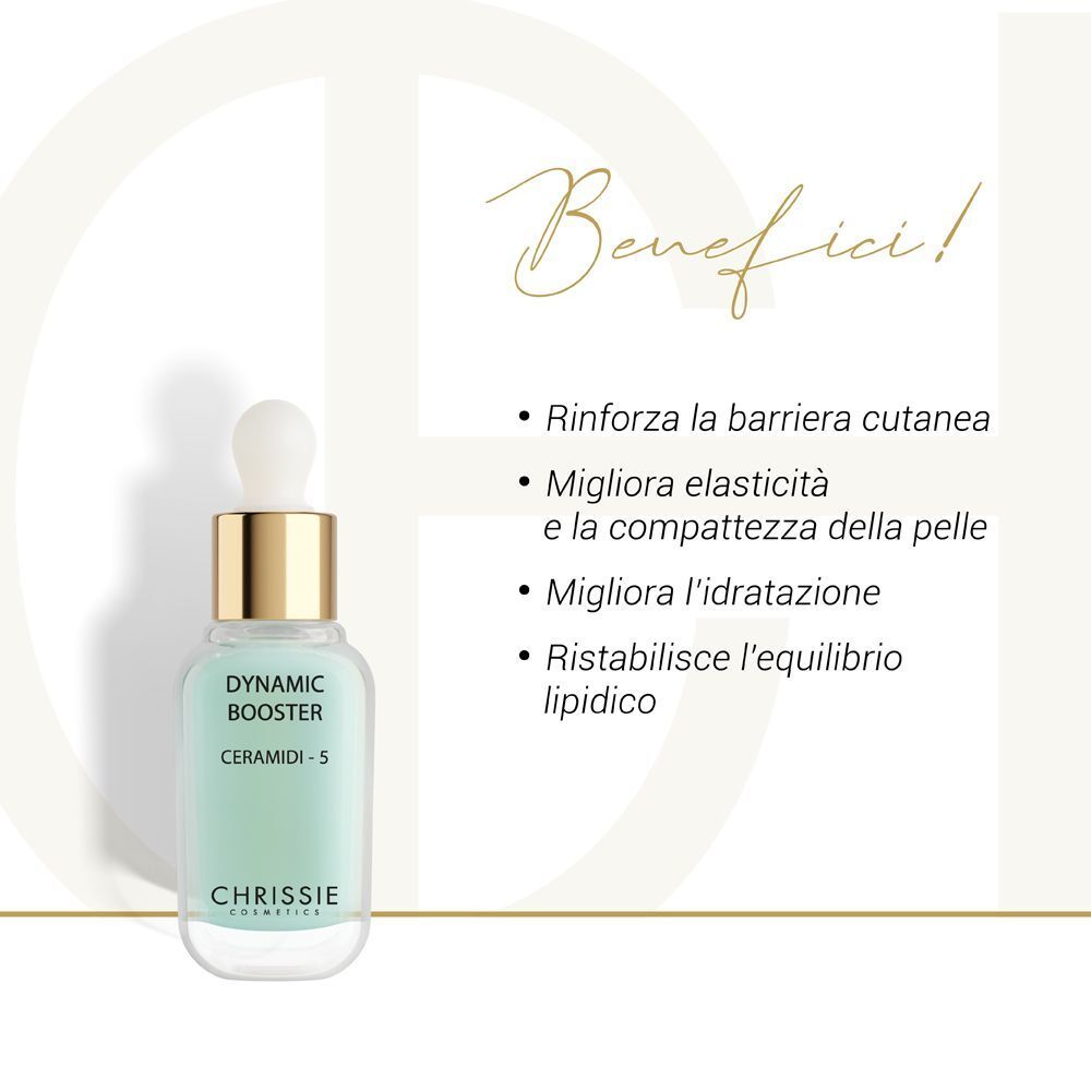 Un flacone Chrissie Dynamic Booster Ceramidi-5 con tappo contagocce, liquido verde chiaro, accanto a testo sui benefici.
