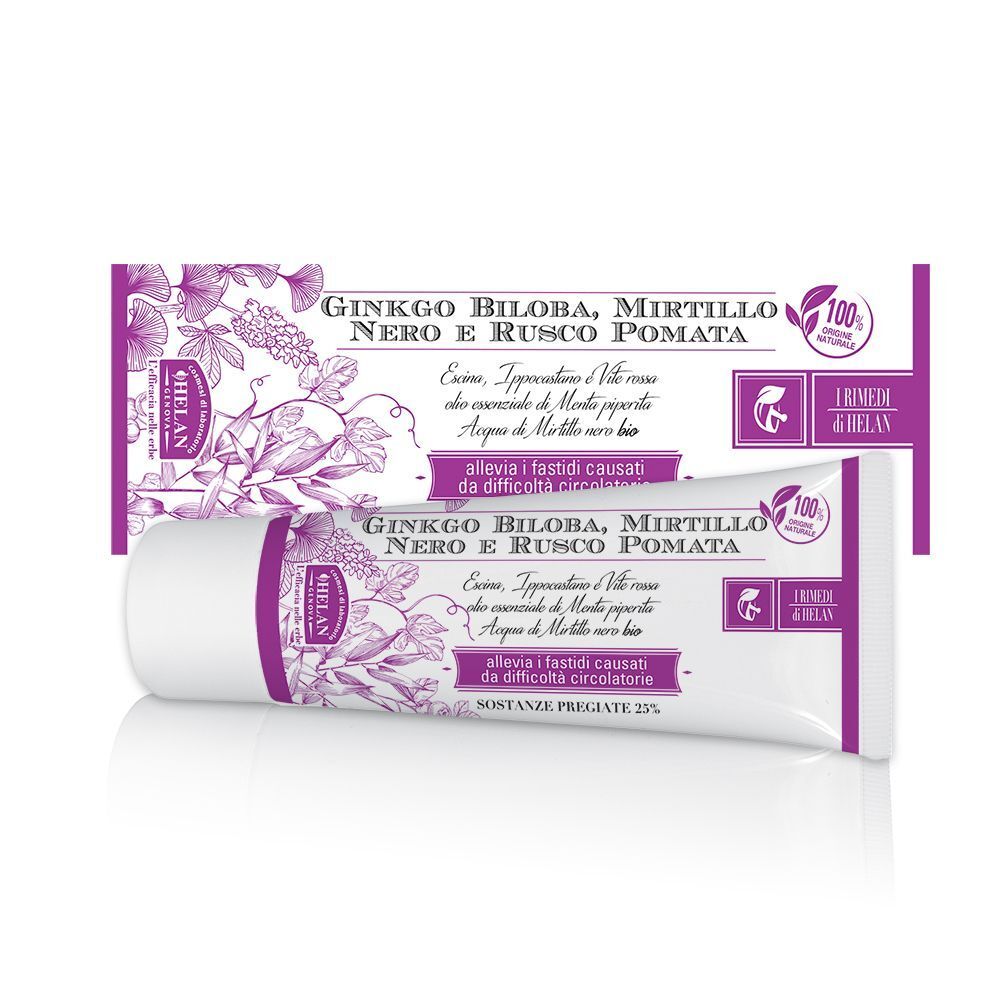 Un tubetto bianco con etichetta viola che mostra Ginko Biloba, Mirtillo Nero e Rusco Pomata, accanto alla sua confezione.