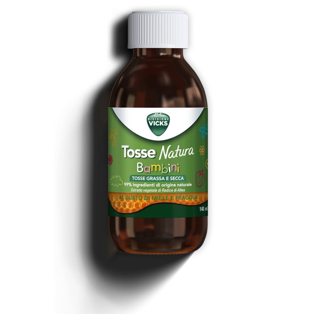 Vicks Tosse Natura Bambini sciroppo per tosse grassa e secca, gusto miele e fragola, in flacone di vetro marrone con tappo bianco.