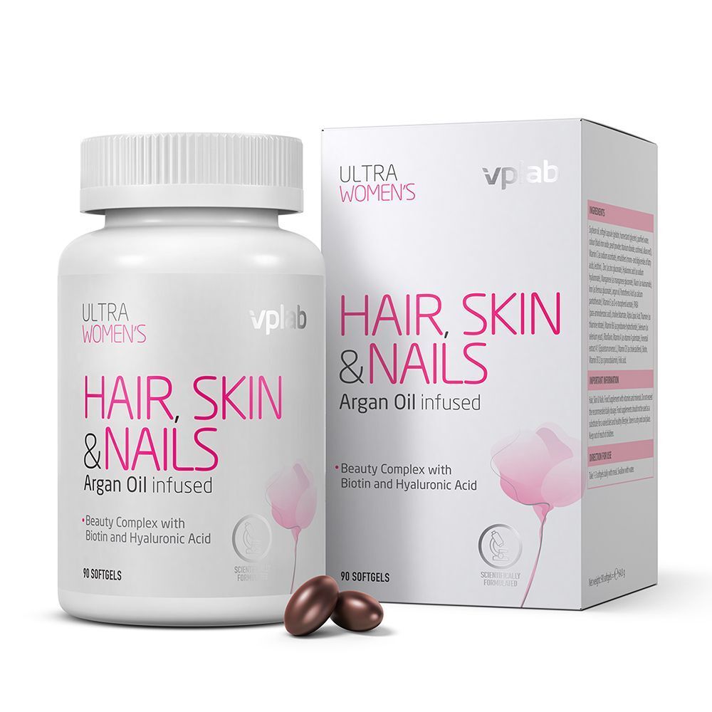 Una bottiglia e una scatola di VPLAB Ultra Women's Hair, Skin & Nails con due softgel.
