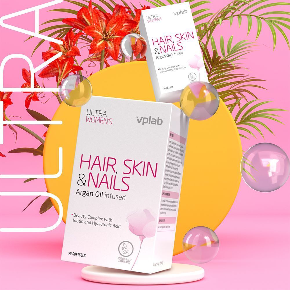 Composizione prodotto VPLAB Ultra Women's Hair, Skin & Nails con fiori e bolle.