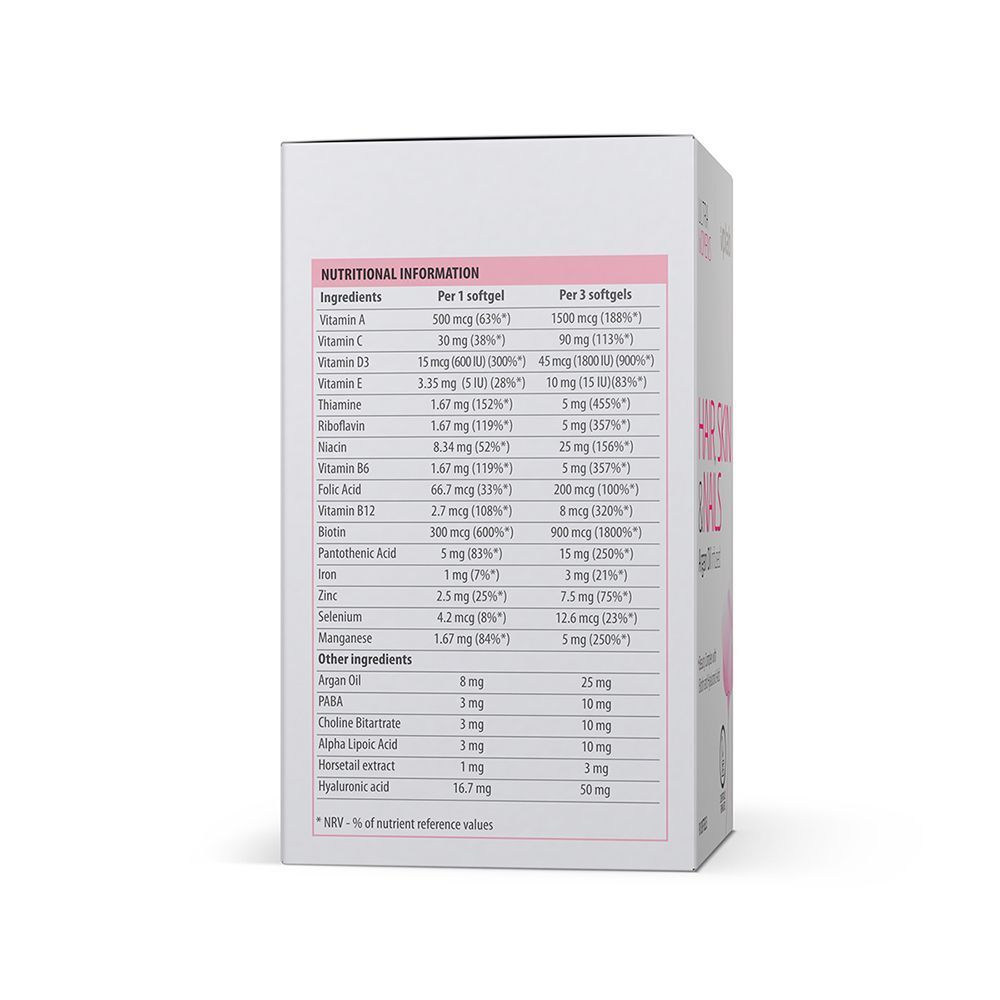 Retro di una scatola VPLAB Ultra Women's Hair, Skin & Nails con informazioni nutrizionali per softgel.