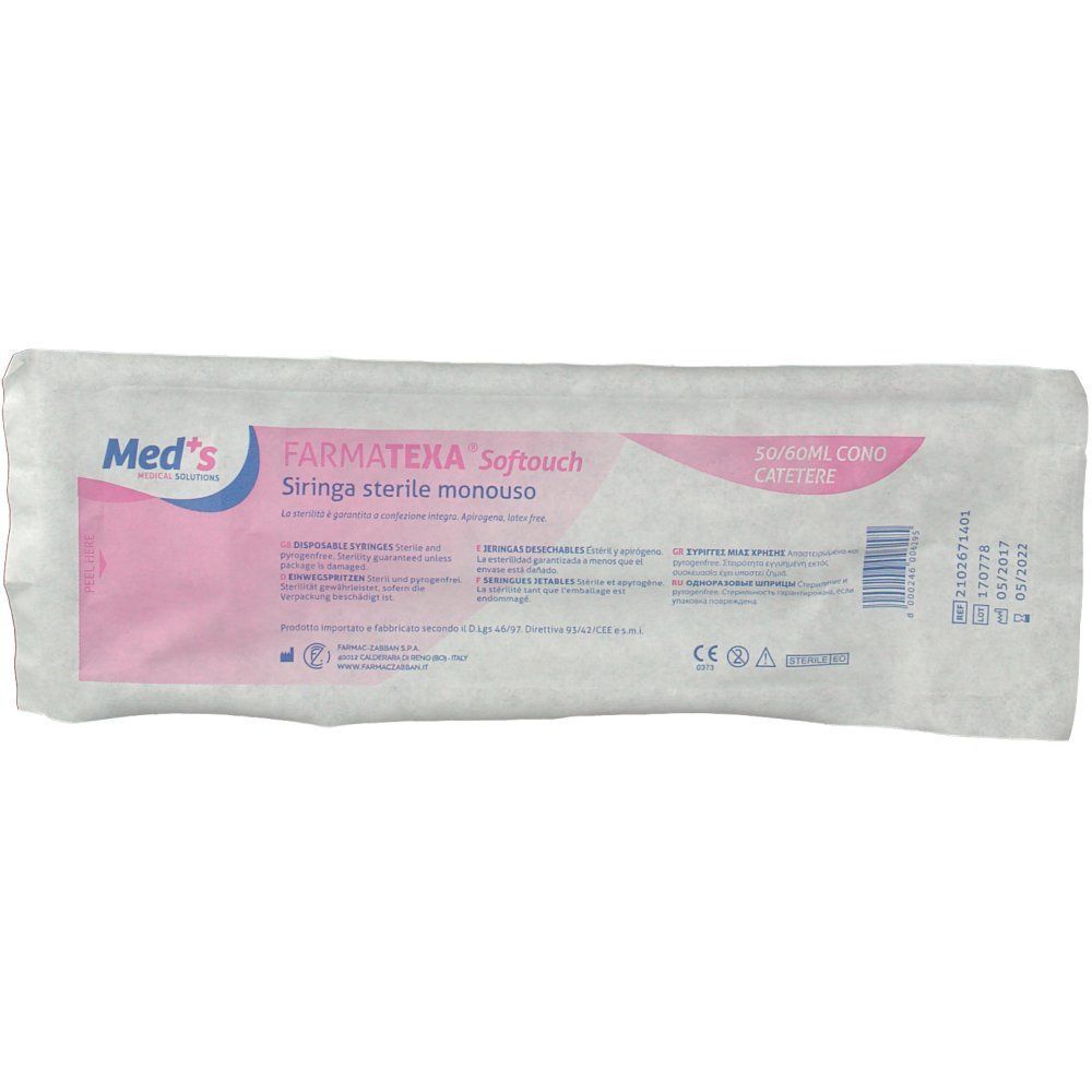 Confezione della siringa sterile monouso Farmatexa Softouch, 50ml.