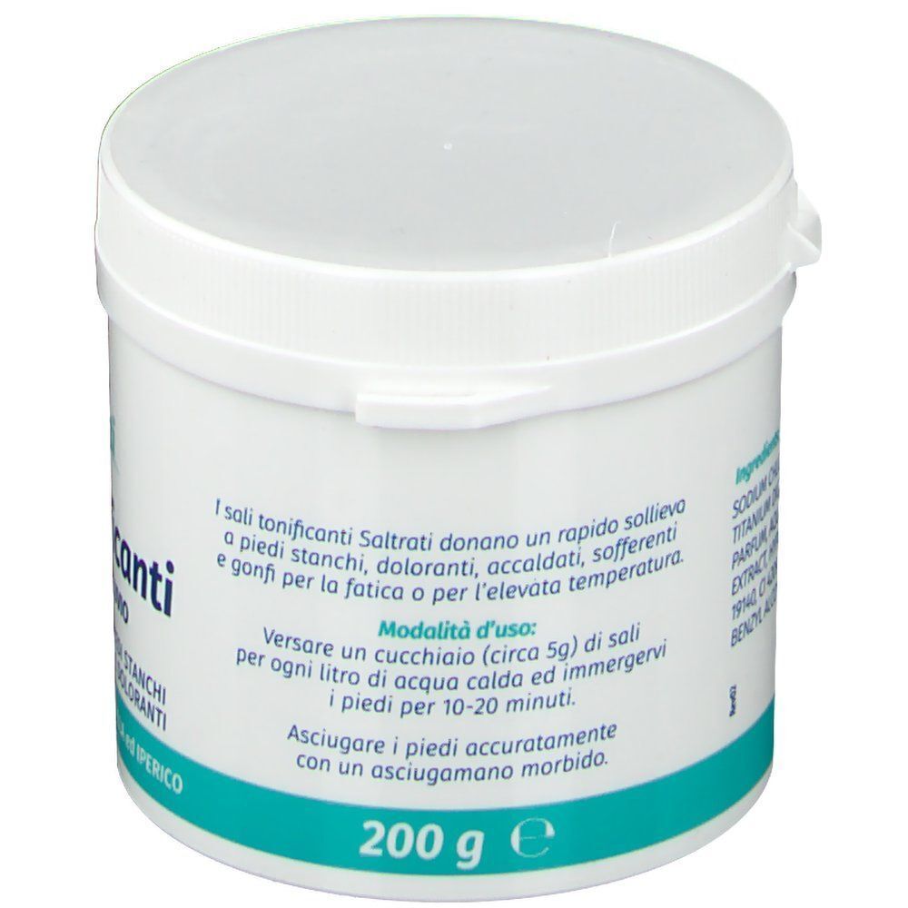 Un contenitore bianco di Sali Tonificanti Saltrati per pediluvio. Etichetta con modalità d'uso e indicazione 200g.