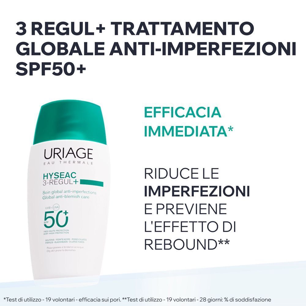 URIAGE HYSEAC 3-REGUL+ Trattamento anti-imperfezioni SPF 50+ con testo.