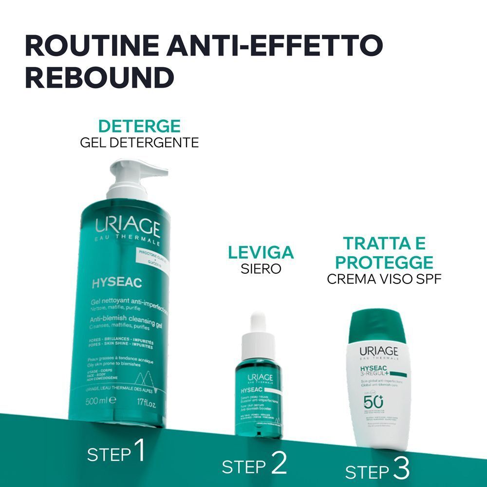 Routine anti-effetto rebound: Gel detergente, siero, crema viso SPF.