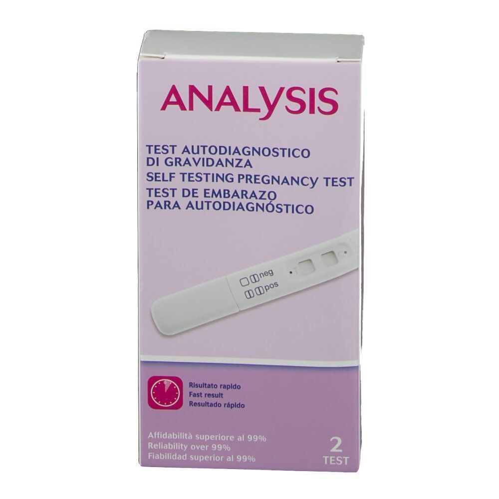 Una confezione di test di gravidanza Chicco ANALYSIS con un bastoncino di test. Mostra "neg" e "pos". Contiene 2 test.
