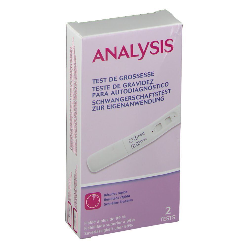 Vista frontale di una confezione di test di gravidanza Chicco ANALYSIS. Contiene due test con risultati negativi e positivi.