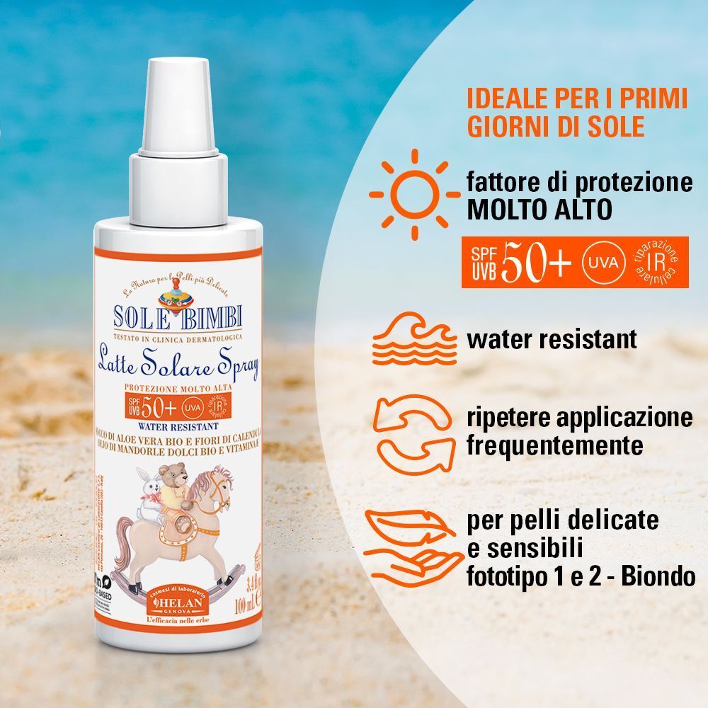 Flacone spray Helan Sole Bimbi Latte Solare SPF 50+ sulla spiaggia con simboli di protezione solare.