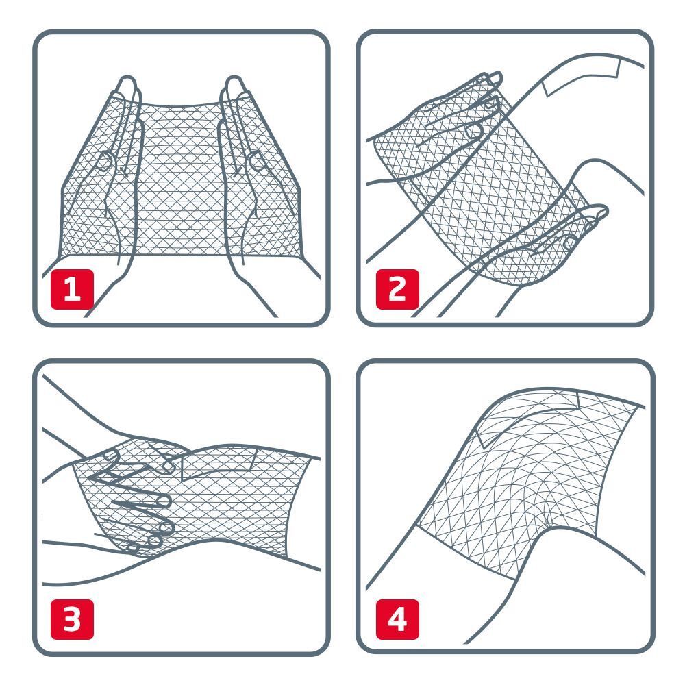 Istruzioni per l'uso della rete tubolare Leukoplast Elastofix in quattro passaggi.