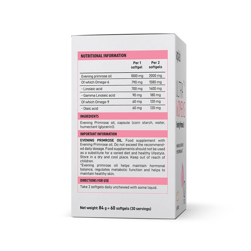 Retro di una confezione di VPLAB Ultra Women's Evening Primrose Oil con informazioni nutrizionali e ingredienti.