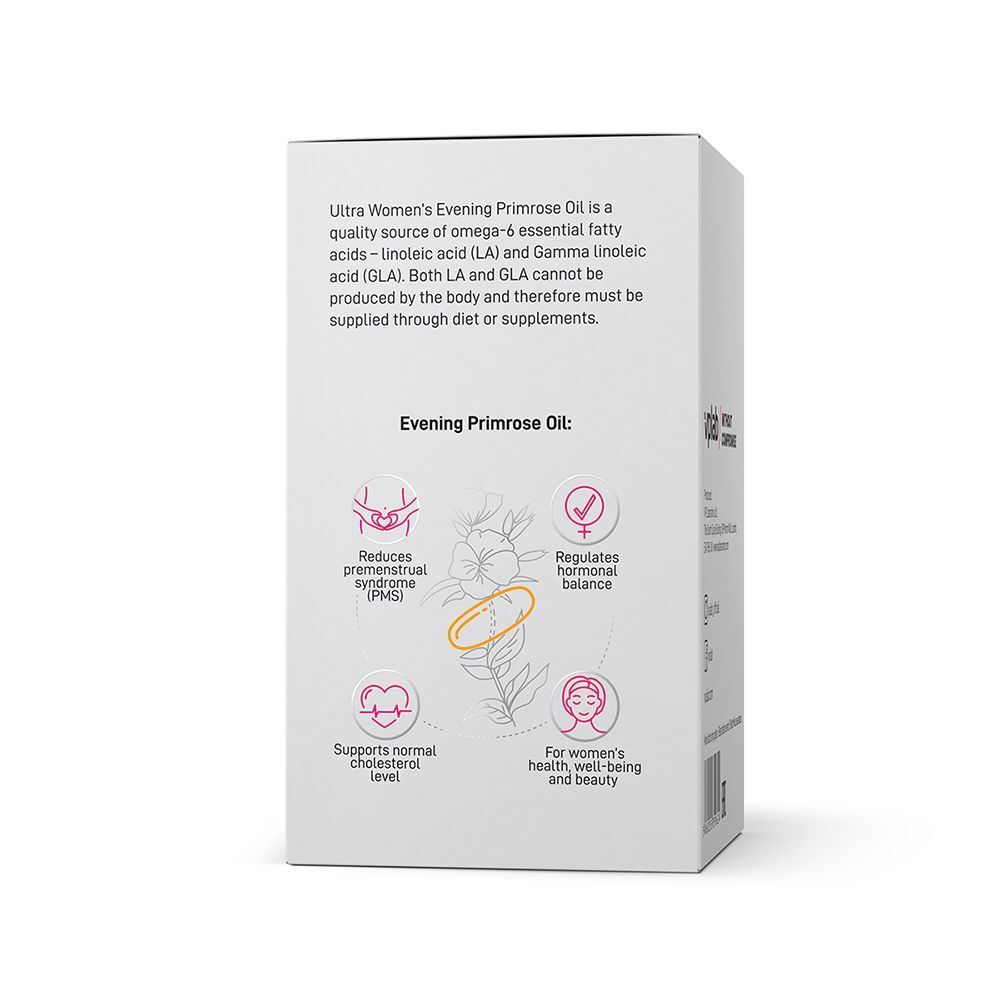 Vista laterale di una confezione di VPLAB Ultra Women's Evening Primrose Oil con benefici come l'equilibrio ormonale.