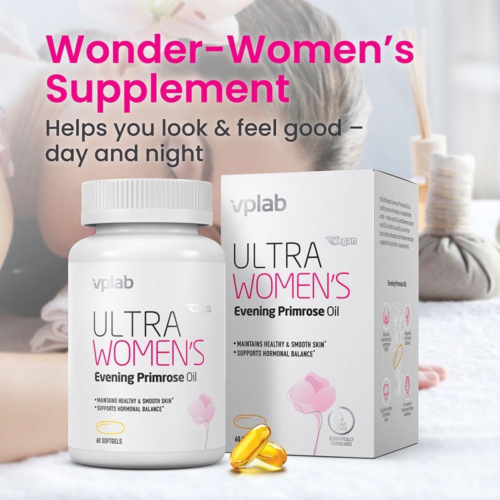 Flacone e confezione di VPLAB Ultra Women's Evening Primrose Oil con due softgel.