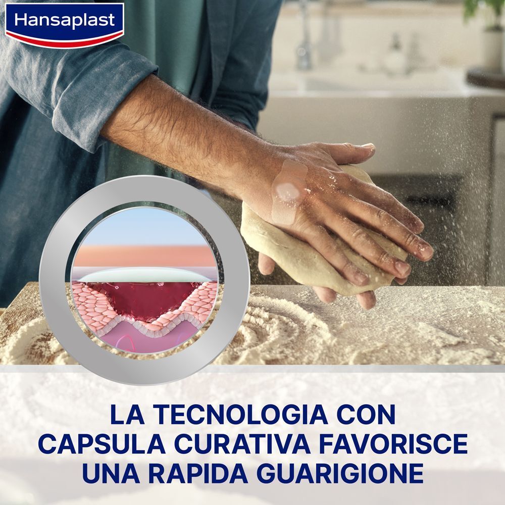 Hansaplast Second Skin Protection XL con tecnologia a capsula curativa per una rapida guarigione.