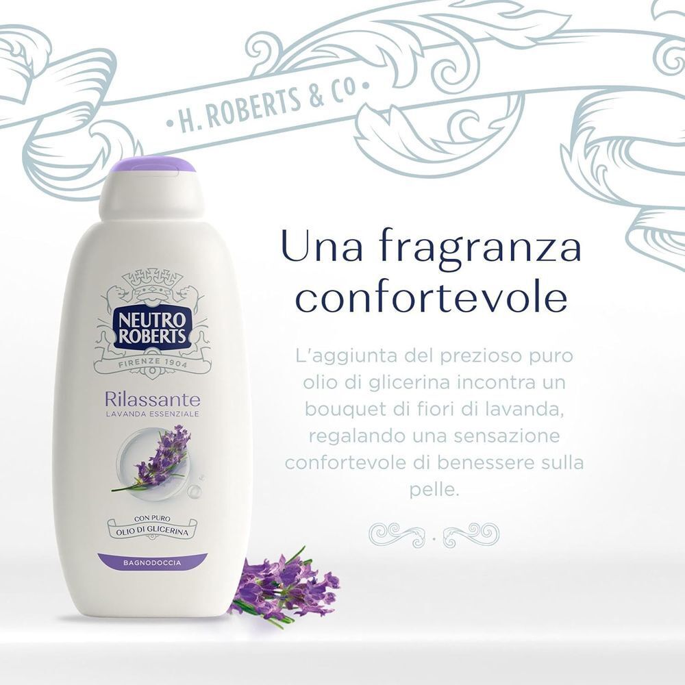 Flacone bianco con tappo viola, motivo lavanda e testo sulla fragranza e la sensazione sulla pelle.