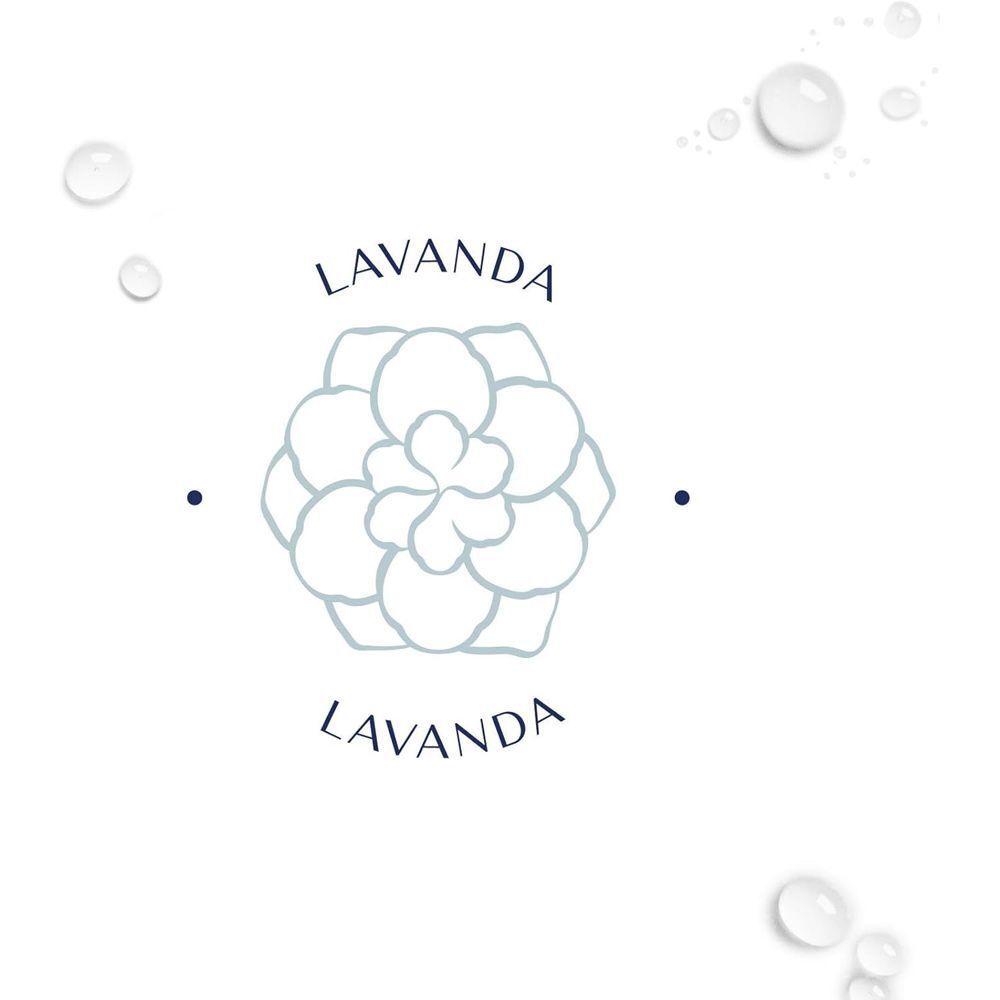 Rappresentazione astratta di un fiore di lavanda con gocce d'acqua e testo "Lavanda".