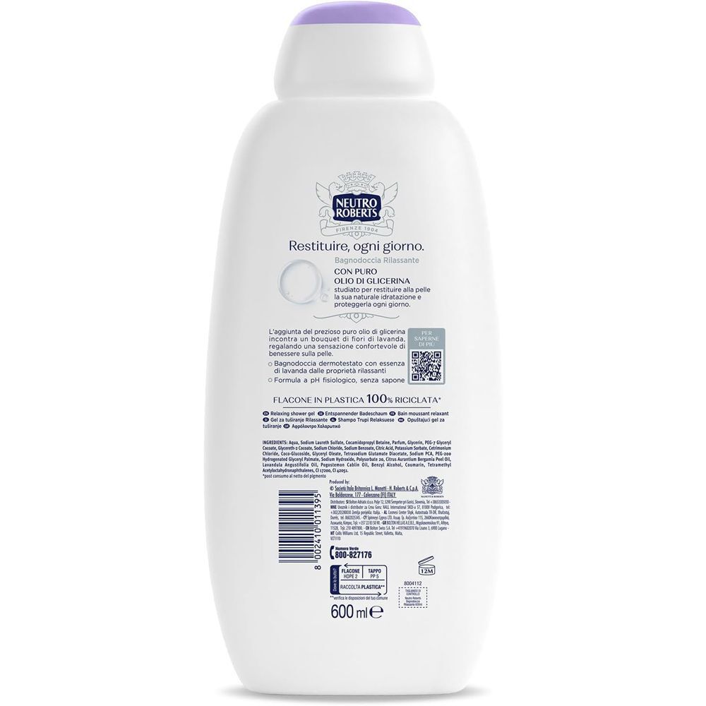 Retro di un flacone NEUTRO ROBERTS Bagnoschiuma Rilassante con informazioni prodotto e QR code.
