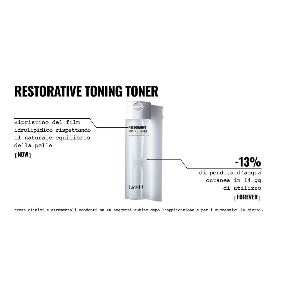 Face D Restorative Toning Toner: flacone con testo sul ripristino del film idrolipidico.
