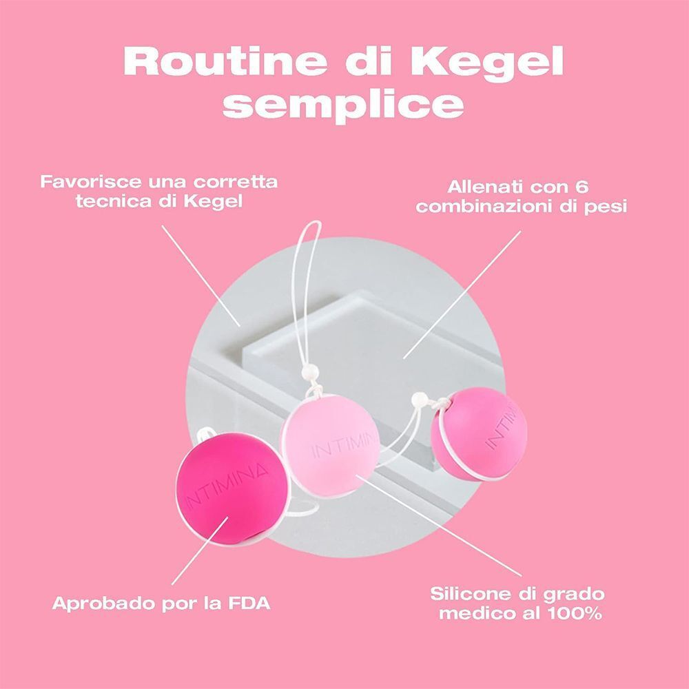 Tre sfere Kegel in tonalità rosa con cordini. Testo in italiano e spagnolo.