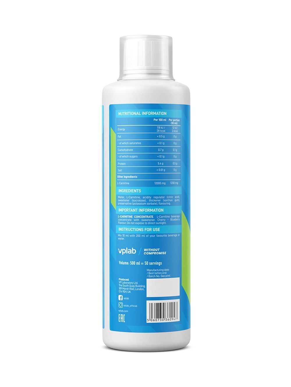 Retro di una bottiglia di VPLAB L-Carnitine Concentrate con informazioni nutrizionali e ingredienti.