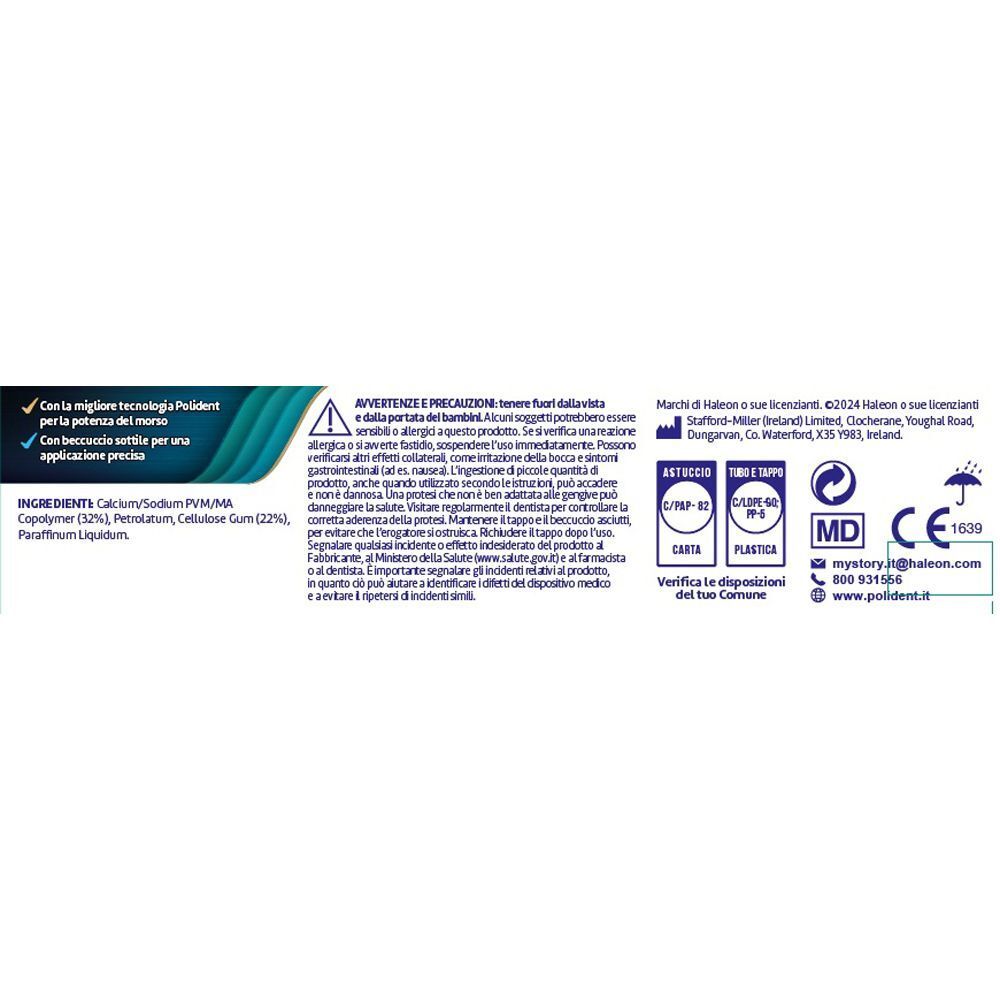 Etichetta con ingredienti, avvertenze, marchio CE e info produttore.