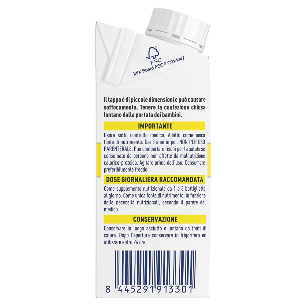 Lato del brick Meritene Clinical Drink 200ml con logo FSC e avvertenze importanti.