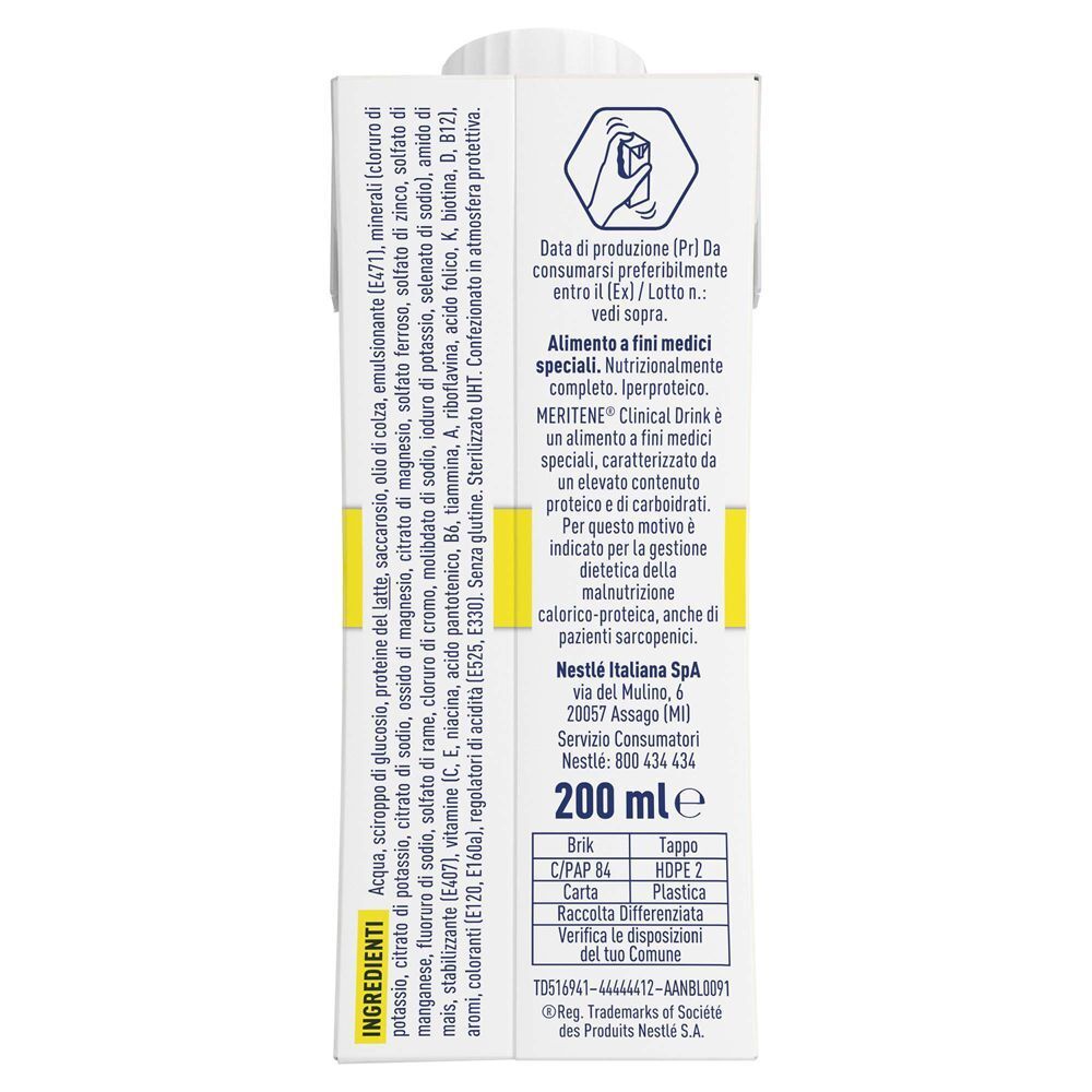 Lato del brick Meritene Clinical Drink 200ml con elenco ingredienti e dati produttore.
