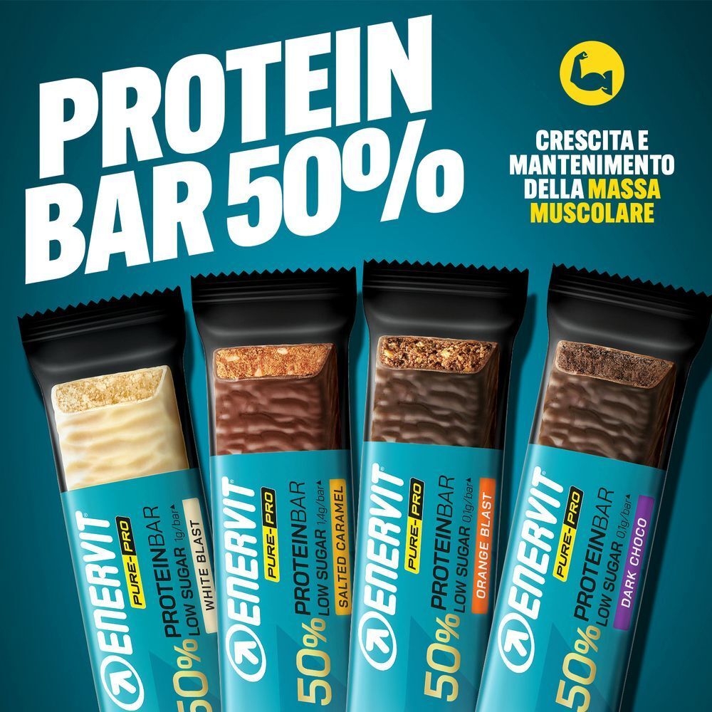 Quattro barrette proteiche ENERVIT: White Blast, Salted Caramel, Orange Blast, Dark Choco.