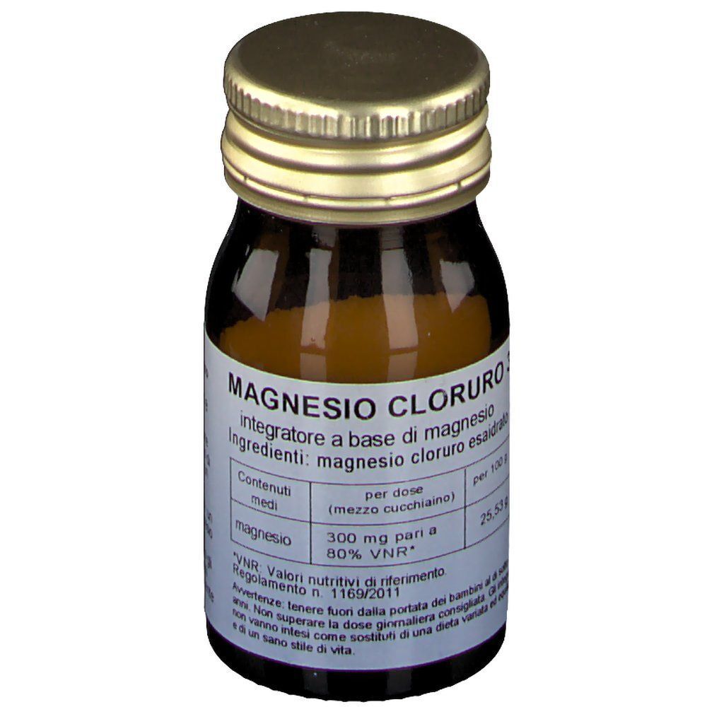Flaconcino in vetro ambrato con tappo a vite dorato. Etichetta con "MAGNESIO CLORURO" e valori nutrizionali.