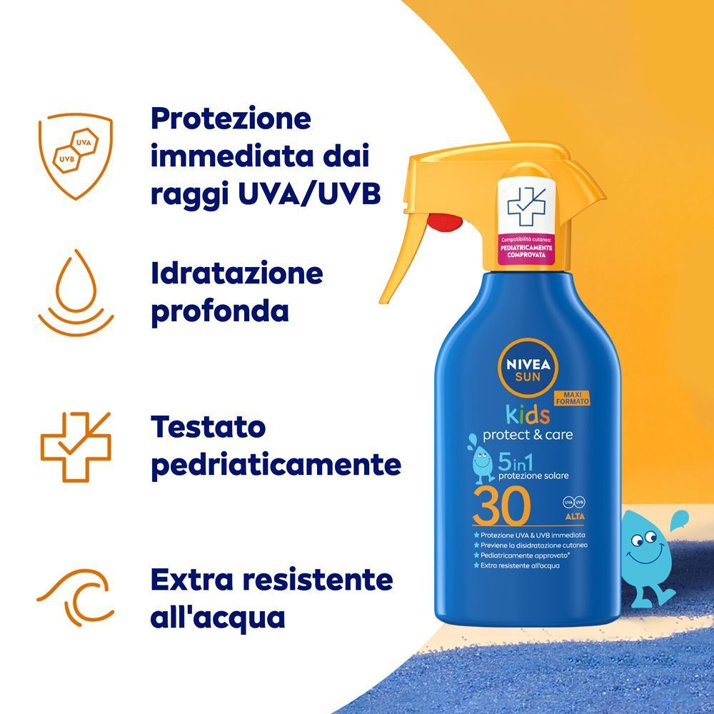 Flacone spray Nivea Sun Kids Protect & Care SPF 30 con informazioni sulla protezione UVA/UVB.