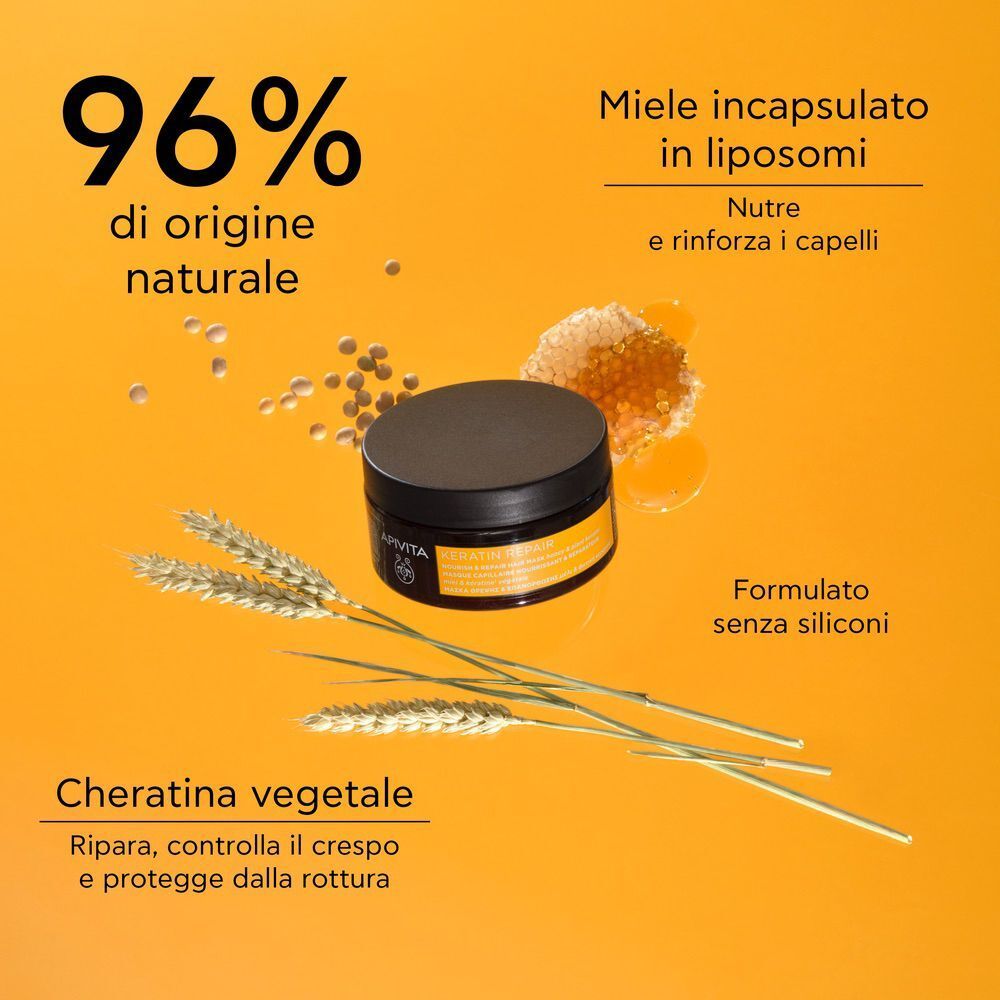 Maschera capelli APIVITA Keratin Repair con spighe di grano e simboli di miele.