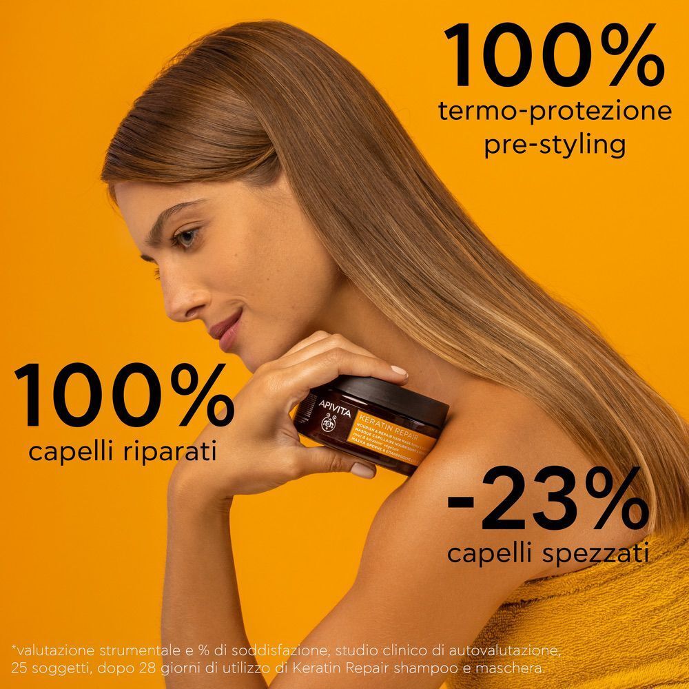 Donna con maschera capelli APIVITA Keratin Repair, capelli 100% riparati, 100% protezione termica.
