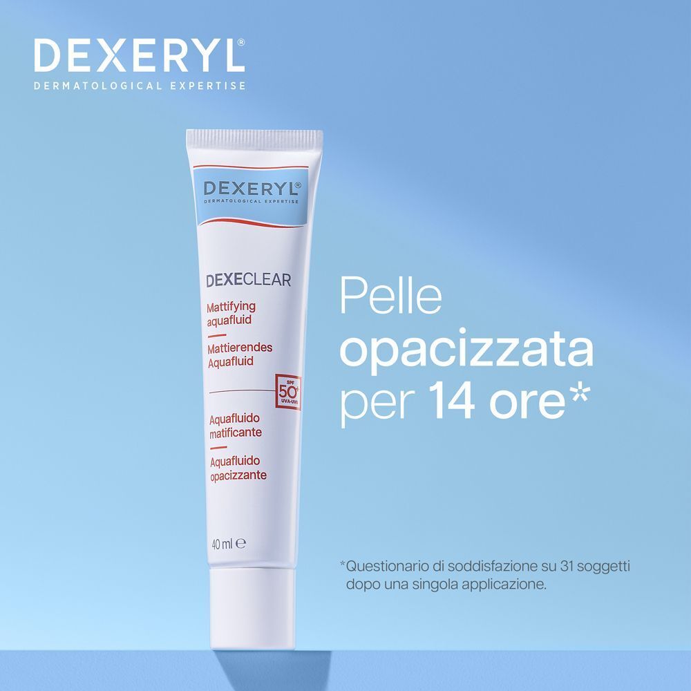 Tubo Dexeryl Dexeclear Aquafluido Opacizzante SPF 50+ per pelle opacizzata.
