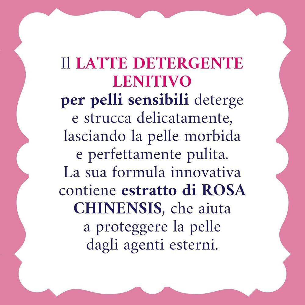 Area di testo con informazioni su Acqua alle Rose Latte Detergente Lenitivo per pelli sensibili.