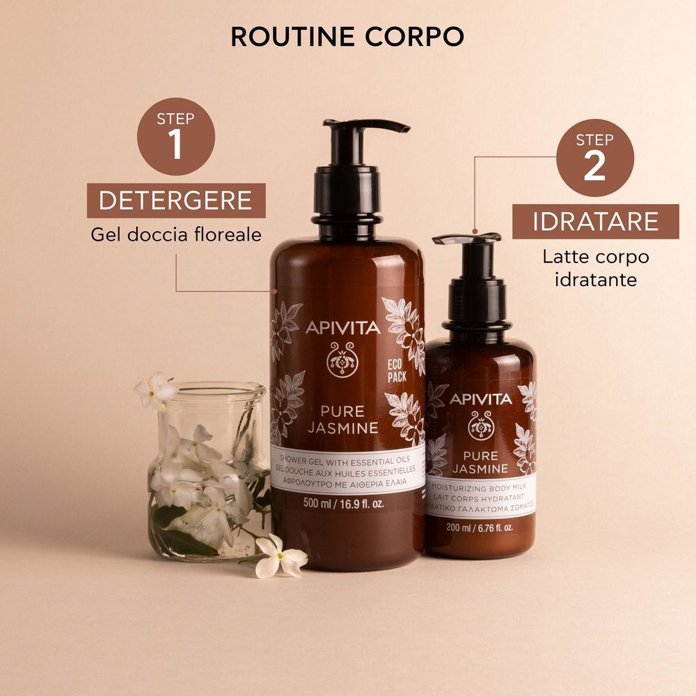 Gel doccia APIVITA PURE JASMINE (500ml) e latte corpo (200ml) per la cura del corpo.