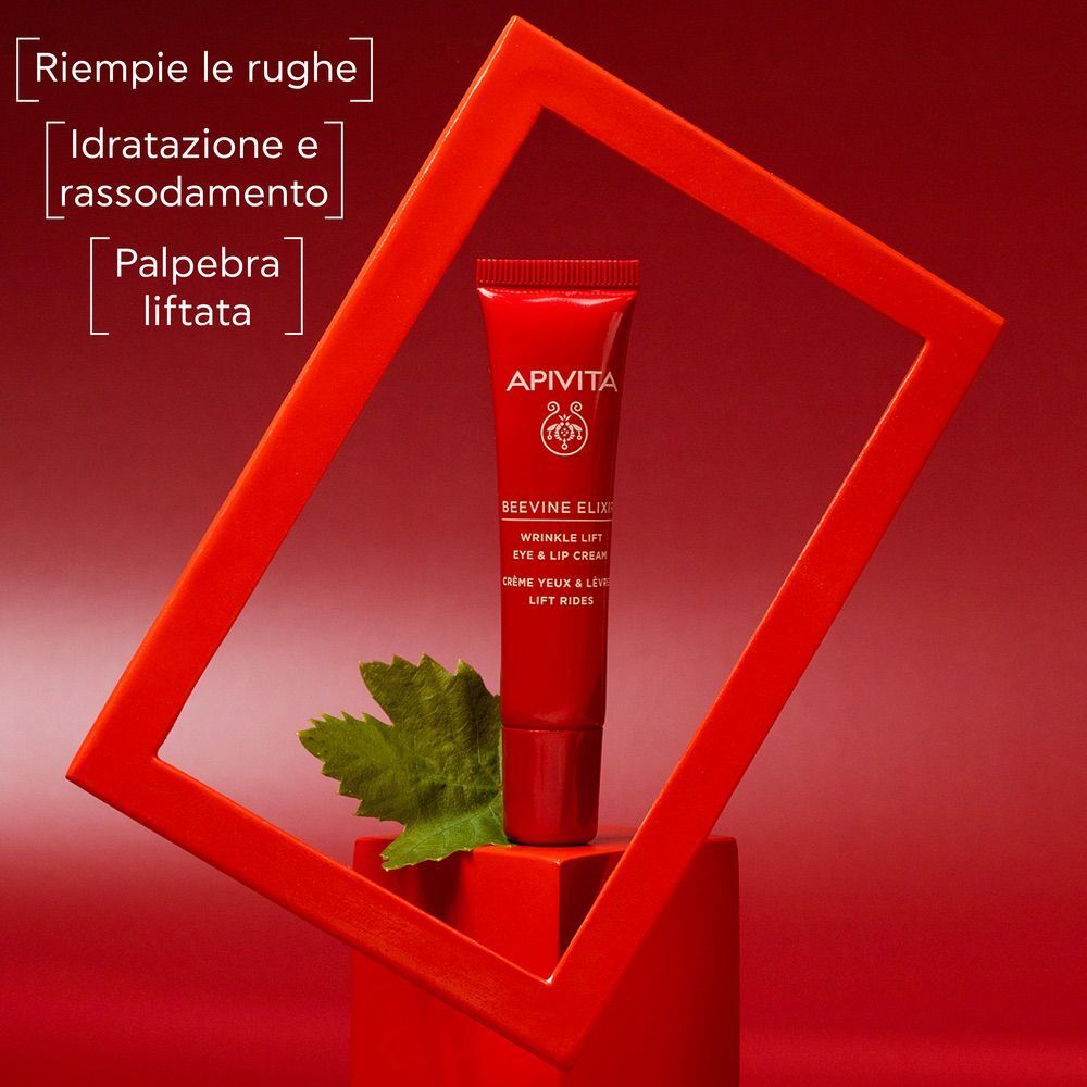 Tubetto rosso Apivita Beevine Elixir in cornice rossa, con foglia.