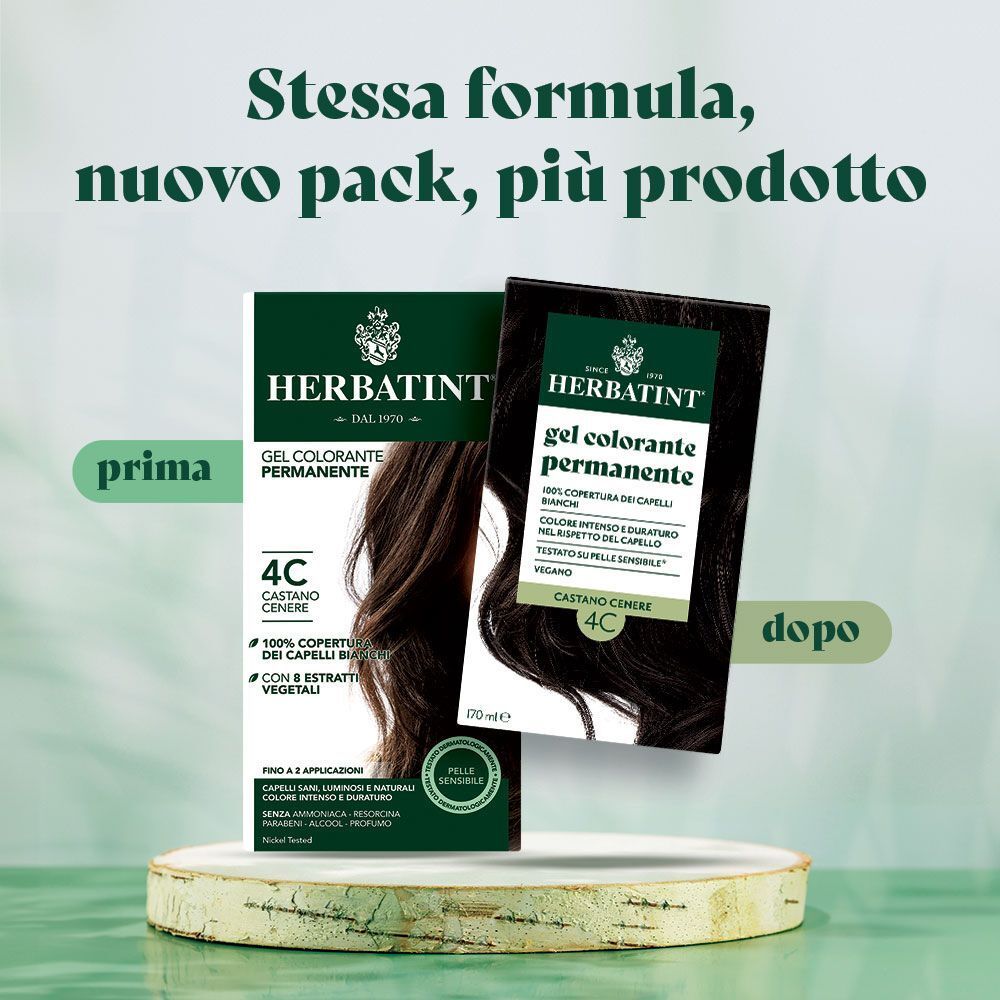 Confronto prima e dopo della colorazione permanente Herbatint 4C Castano Cenere.