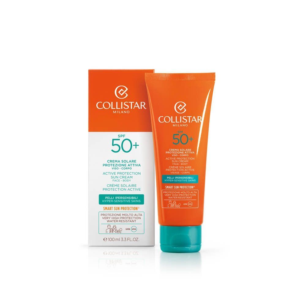 Crema solare Collistar, SPF 50+, in tubo e scatola.
