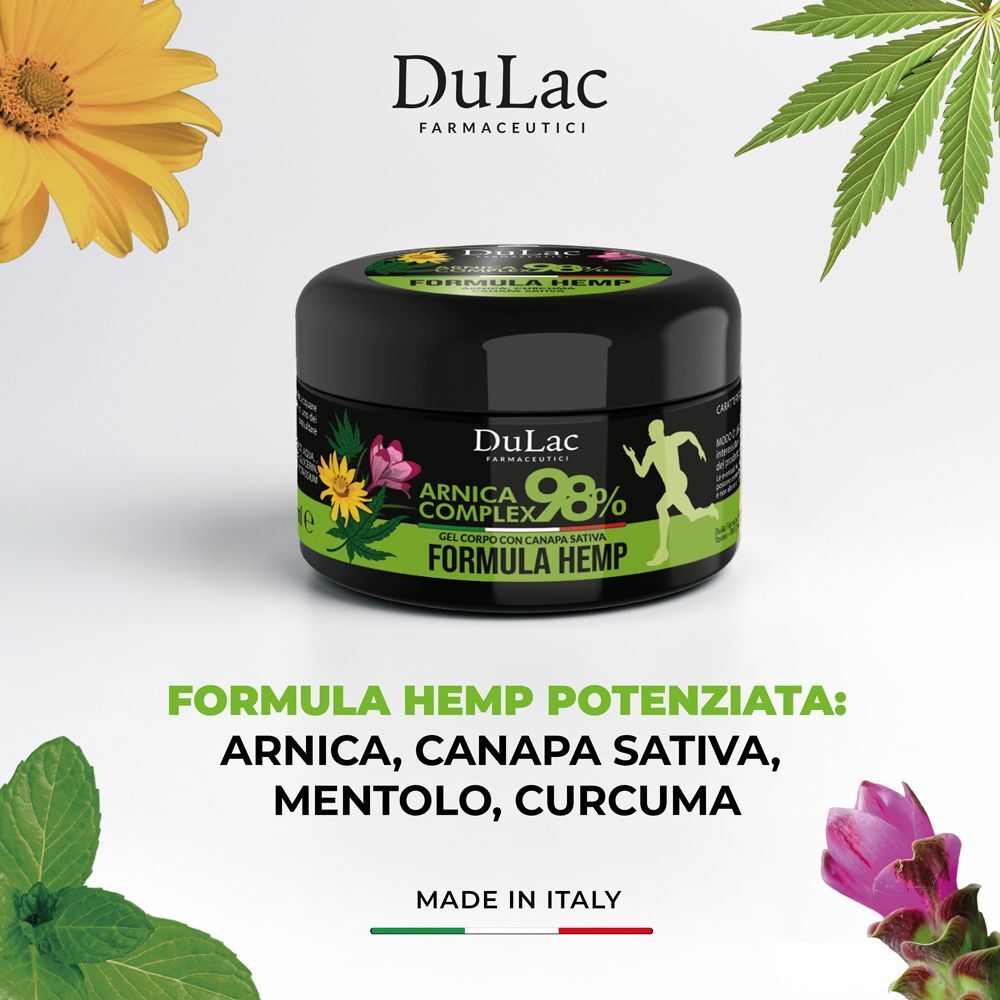 Gel Arnica DuLac 98% Formula Hemp in un vaso nero, circondato da fiori di arnica.