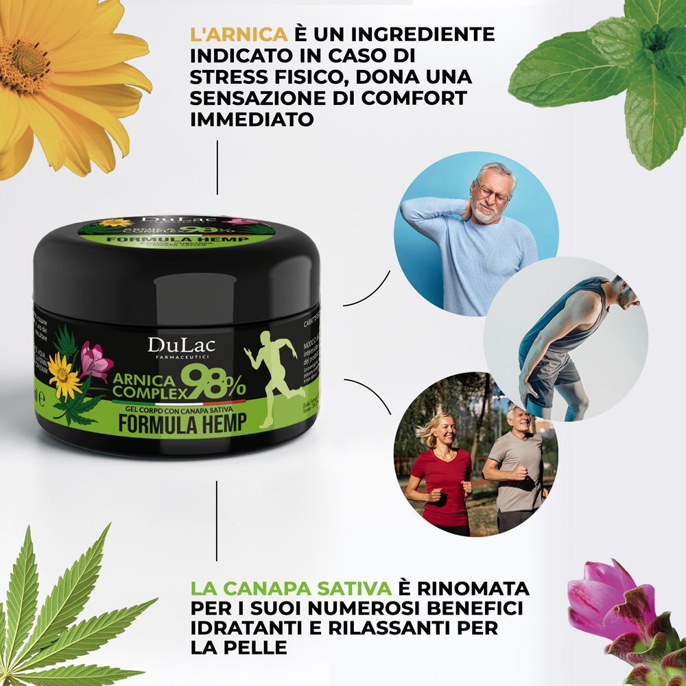Gel Arnica DuLac 98% Formula Hemp con raffigurazioni di persone che alleviano il dolore.