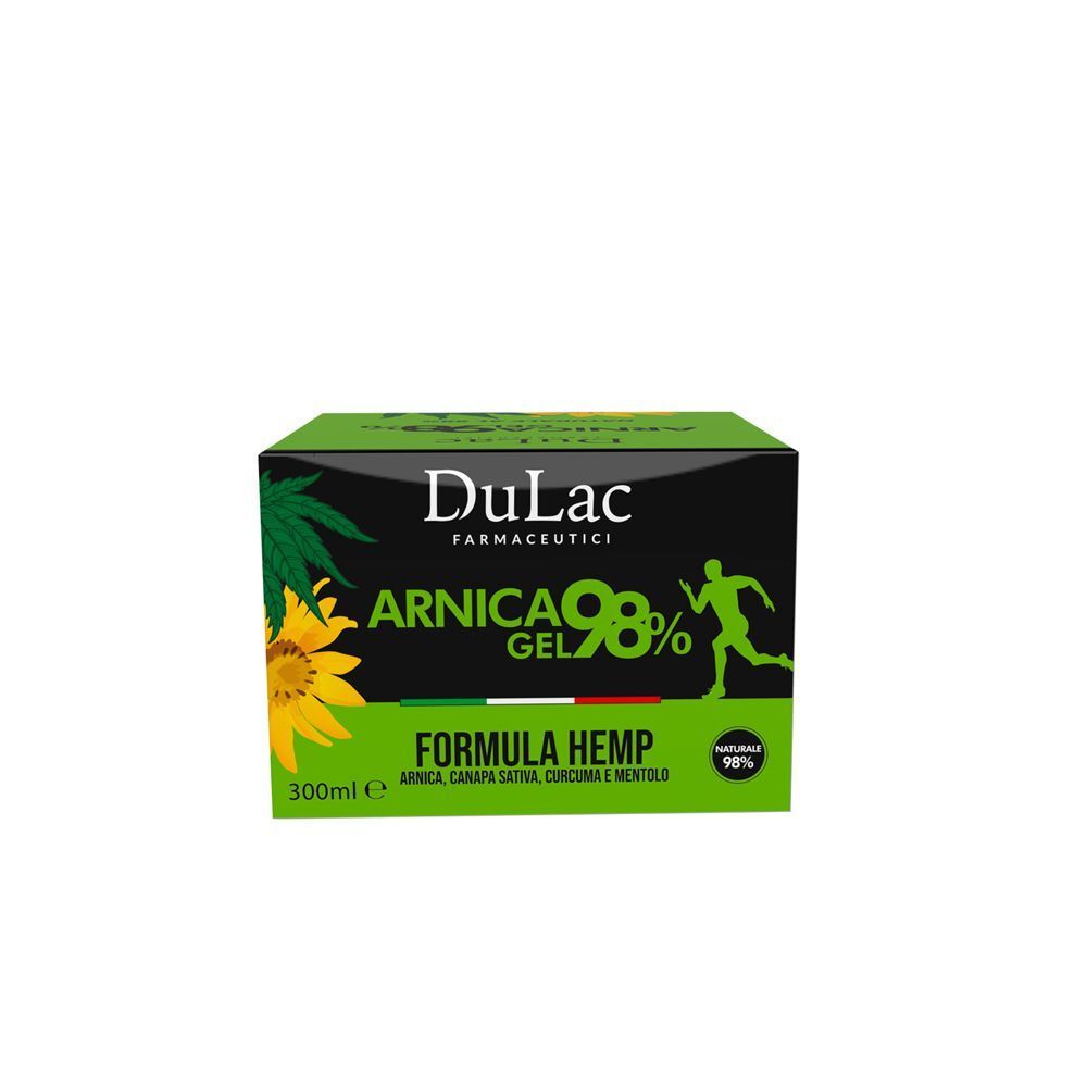 Confezione di Gel Arnica Dulac 98% Formula Hemp con girasoli e foglie di canapa.