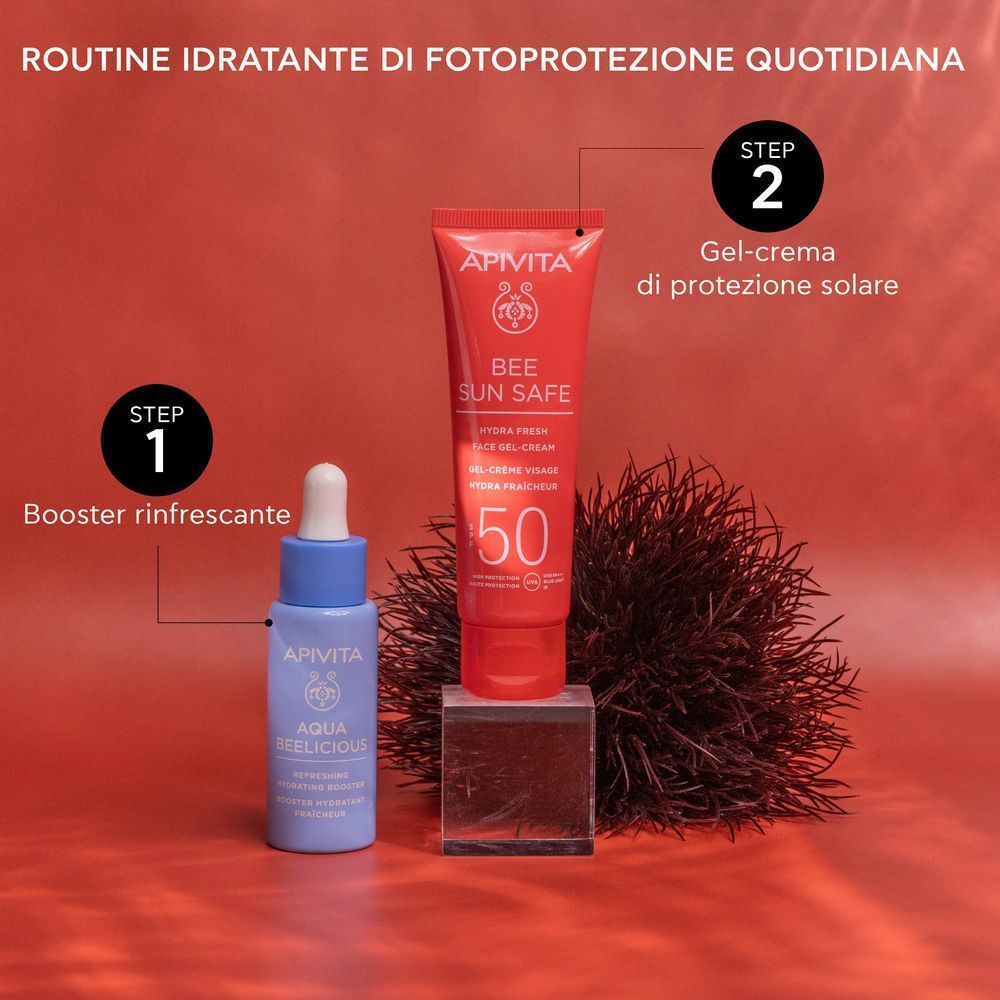 Step 1: Booster, Step 2: Gel-crema SPF 50. Routine quotidiana di fotoprotezione idratante.