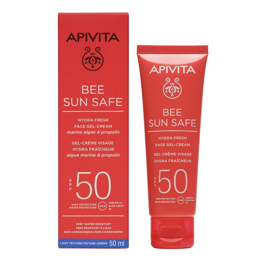 Scatola rossa pieghevole e tubetto crema solare SPF 50, 50ml. "BEE SUN SAFE HYDRA FRESH".