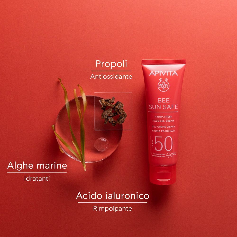 APIVITA Bee Sun Safe Crema Gel Viso SPF50 vicino ad alghe marine ed estratto di propoli.