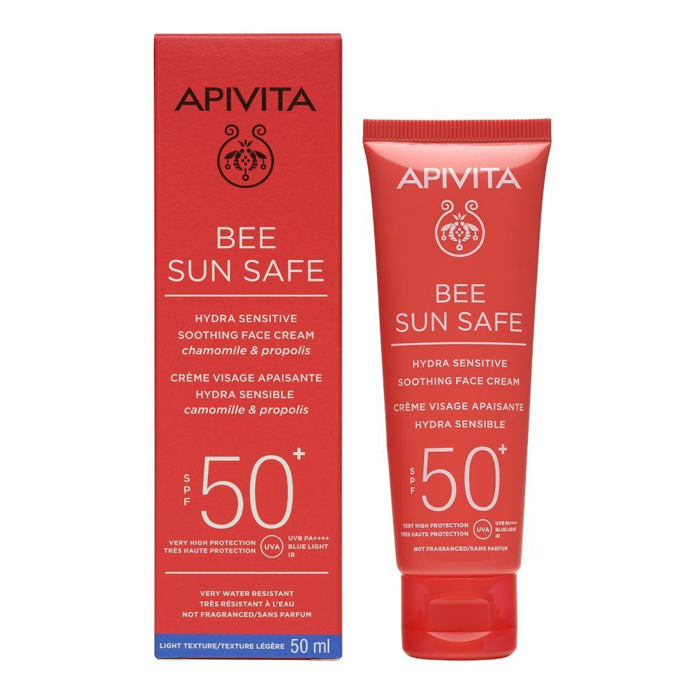 Confezione e tubetto di crema solare viso APIVITA SPF 50+, 50ml.