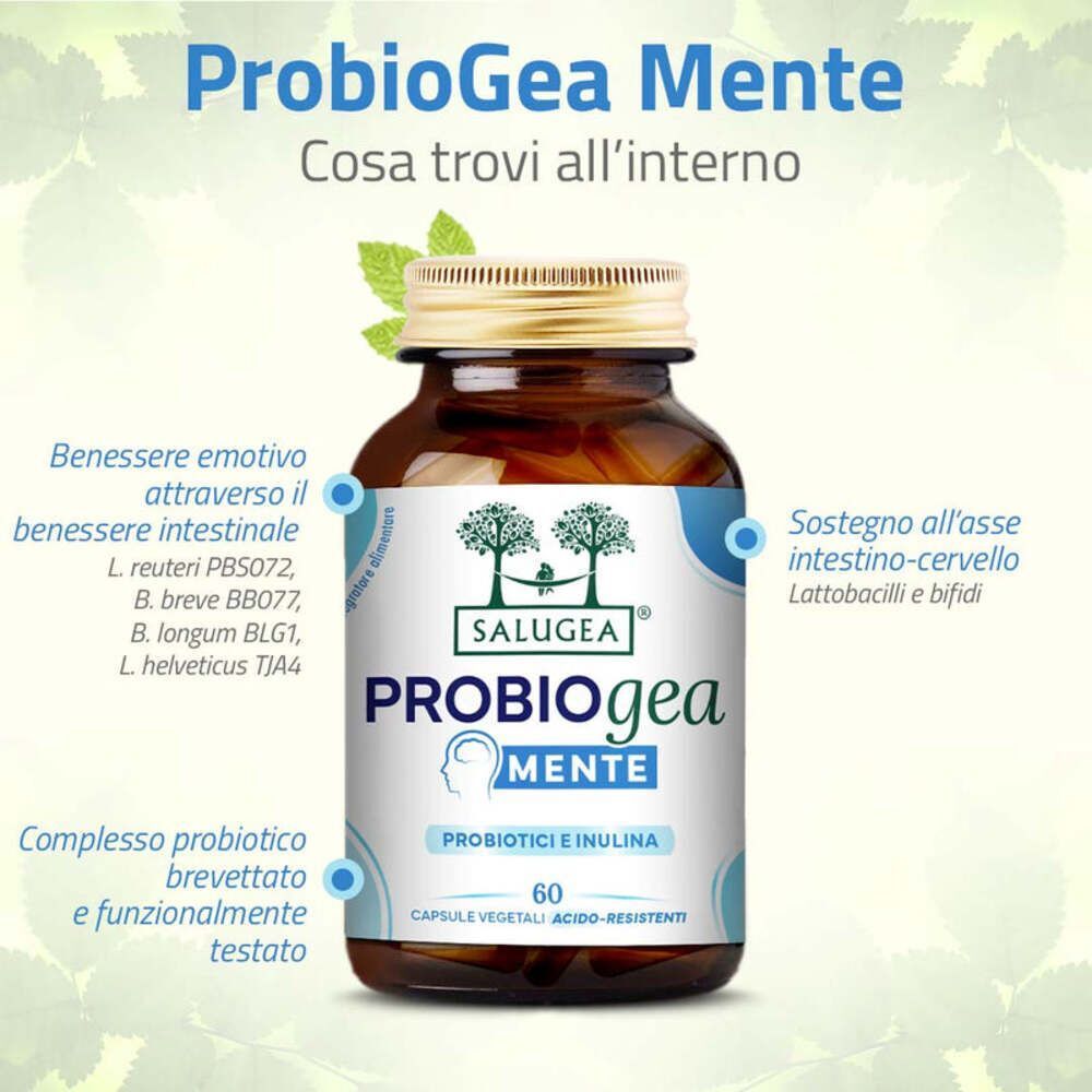 Flacone Salugea ProbioGea Mente con informazioni sul supporto cerebrale e intestinale.