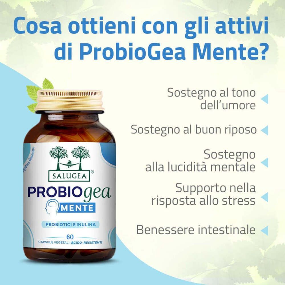 Flacone Salugea ProbioGea Mente accanto a un elenco di benefici per umore e sonno.