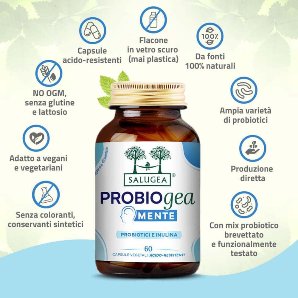 Flacone Salugea ProbioGea Mente circondato da icone che evidenziano caratteristiche come 'vegano' e 'senza glutine'.